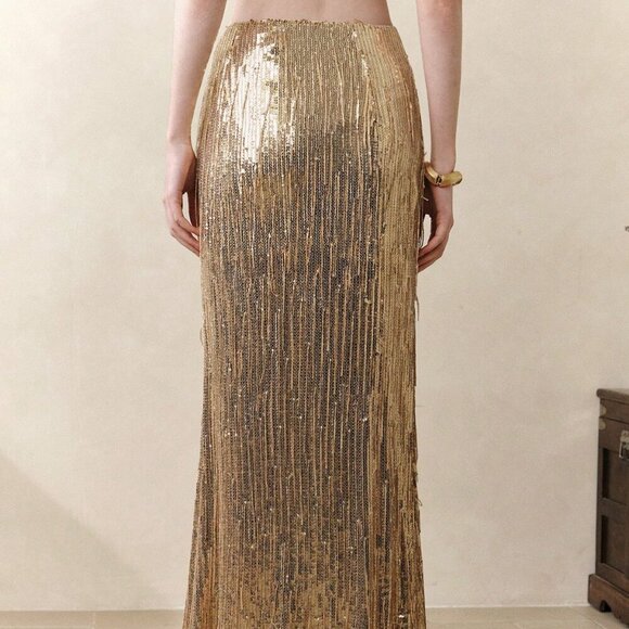 Gold Party Women's Sequin Fringe Mermaid maxi skirt - Picture 4 of 7